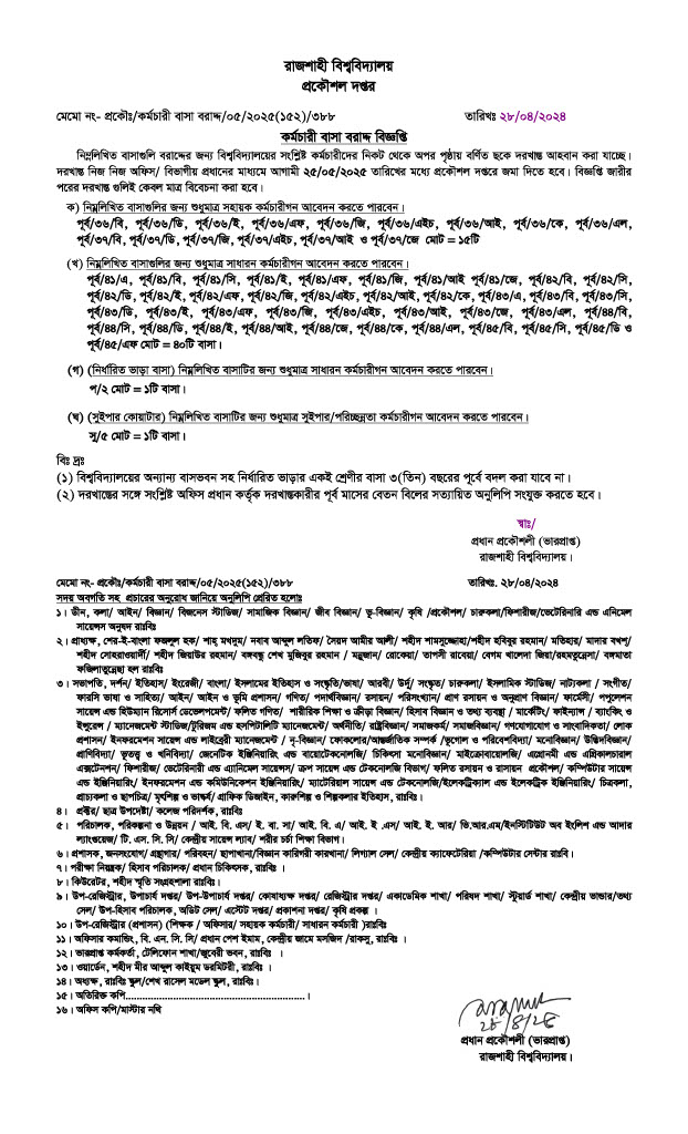 বাসা-বাড়ি বরাদ্দ বিজ্ঞপ্তি